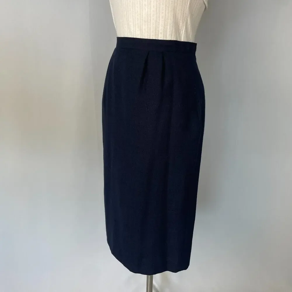 Vintage Midi Skirt Size 10 Navy Blue Minimal Secretary Retro High Rise 80s 90s